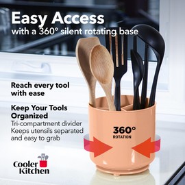 Cooler Kitchen Jumbo Rotating XL Peach Plastic Utensil Holder Caddy with Sturdy No-Tip Weighted Base, Removable Divider, and Gripped Insert - Dishwasher Safe Kitchen Utensil Holder for Countertop