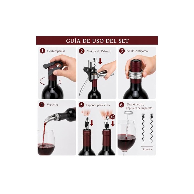 Set Abridor de Vino con 10 Accesorios, Caja Negra, Sacacorchos