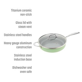 Goodful Ceramic Nonstick Deep Saute Pan with Lid, Dishwasher Safe Pots and Pans, Comfort Grip Stainless Steel Handle, Skillet Frying Pan Made without PFOA, 4-Quart, Green