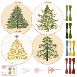 BEUNITONE 4PCS Christmas Tree Embroidery Kit Merry Christmas Stamped Cross Stitch Kit Snowflake Pine Tree Needlepoint Kit DIY Adult Beginner Stamped Cross Stitch Kit with Patterns and Instructions