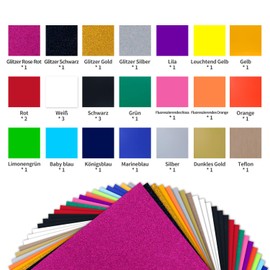HTVRONT Plotter Film Textile – 26 Pack Flex Film 30.48 cm x 25.4 cm for T-Shirts and Fabrics (20 Colours Regular and Glitter)