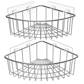 SMARTAKE 2-Pack Corner Shower Caddy Deep Basket Design, SUS304 Stainless Steel, Wall Mounted Bathroom Shelf with Adhesive, Storage Organizer for Toilet, Dorm and Kitchen, Silver
