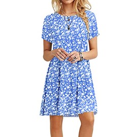 MOLERANI Women's Casual Plain Simple T-Shirt Loose Dress(Blue White Flower,XS)
