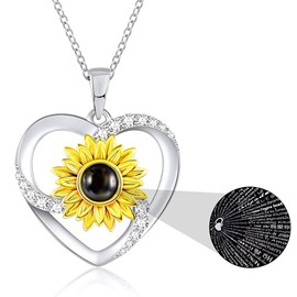 Collar de Girasol，Collar y colgante de plata 925 proyectando te amo en 100 idiomas，con una exquisita caja de regalo,regálelo a mamá,esposa,amiga，Día de la Madre, regalo de Navidad para mujeres