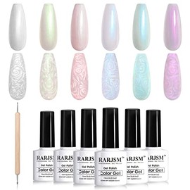 RARJSM Pearl Gel Nail Polish Set 6 Colors Pearlescent Shell Glitter White Gold Pink Green Purple Shimmer Mermaid Nail Gel Polish Soak Off LED UV Curing Requires Swirl Thread Effect DIY Manicure Use