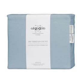Algodon 300 Thread Count Cotton Fitted Sheet with Pillows Combo Set, Denim, Single