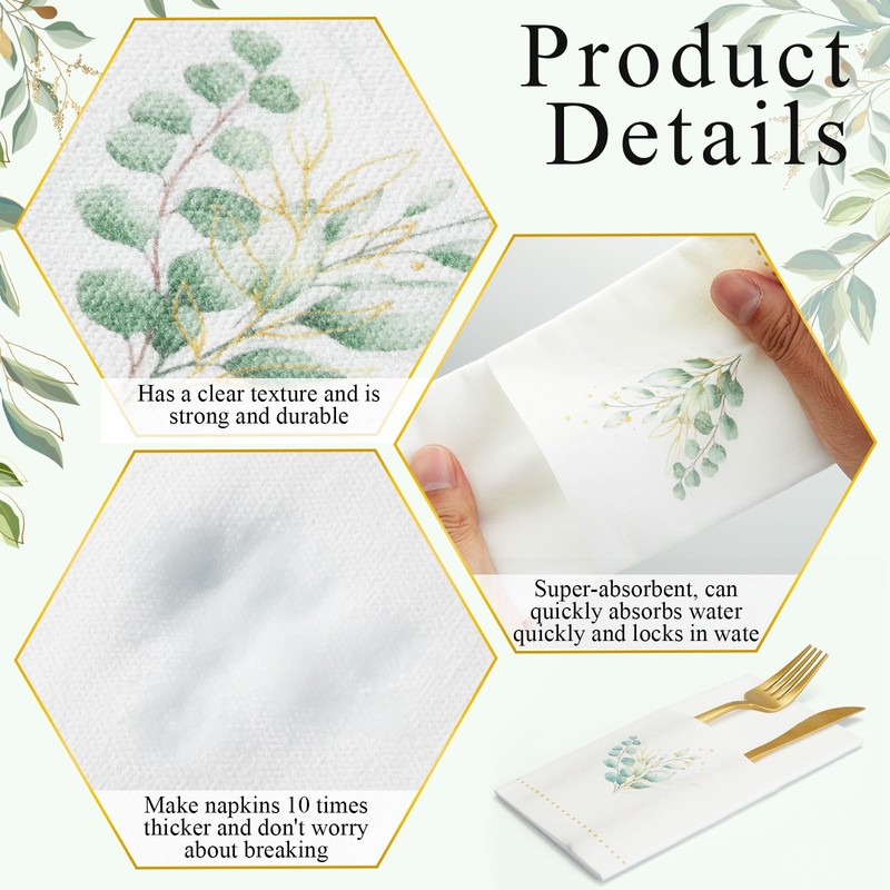 Janlaugh 100 Pack Christmas Golden Eucalyptus Linen Disposable Napkins with