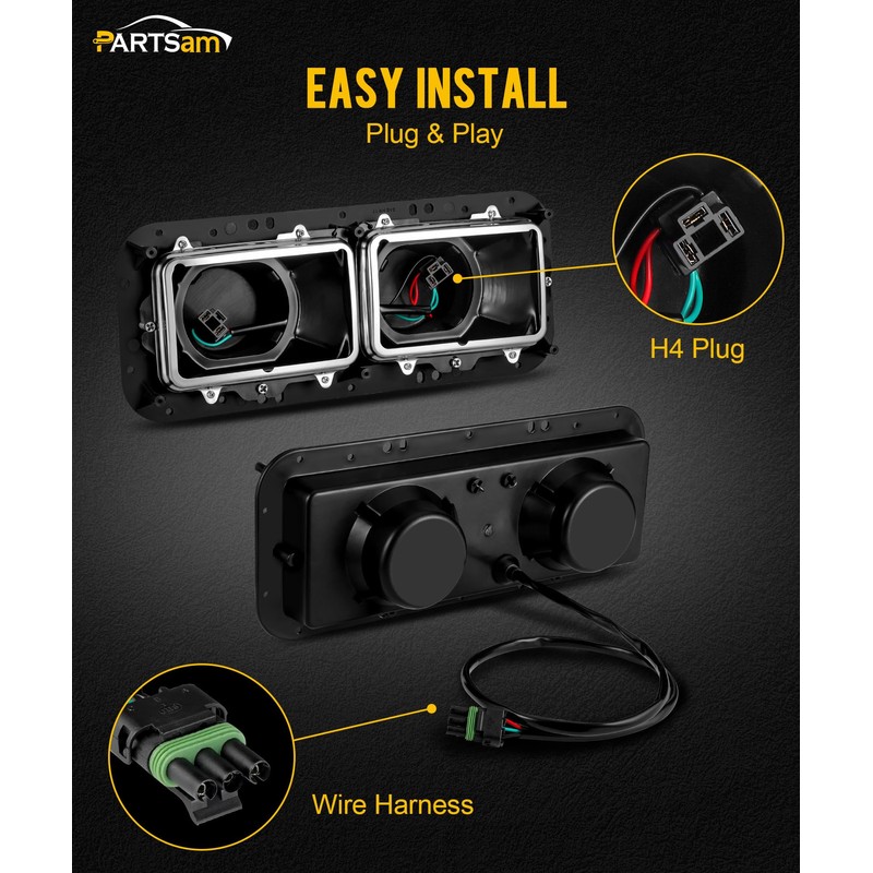 PARTSam Headlight Housing Base with H4 Plugs Wire Harnesses Stainless