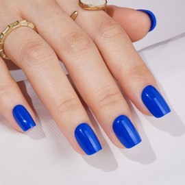 Press On Nails with Glue - Findigit Short Square Blue False Glue On Nails, Reusable Stick On Fake Nails with Glue Salon Quality 16 Sizes - 32 Nail Kits, Square Blue