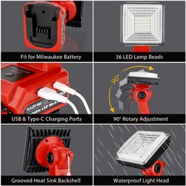 GRVODFRTA 25W 2000LM Cordless LED Work Light for Milwaukee M18 18V Battery Portable Flood Lights for Outdoor Indoor Workshop Job Site, LED Floodlight with Pivoting Head/USB Port(No Battery)