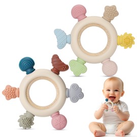 AULEGE 2 Packs Baby Teething Toy for Babies 0-3-6-12,18 Months, BPA Free Silicone & Beech Baby Teething Ring for Teething Relief, Wooden Ring Toy for Newborn Boys, Girls