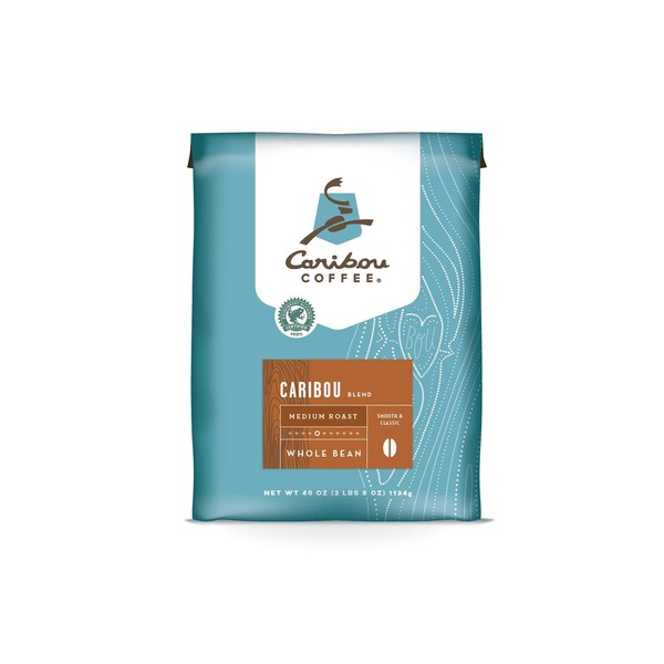 Caribou Coffee, Caribou Blend, Whole Bean, Value Pack 40 oz. Bag, Smooth & Balanced Medium Roast Coffee Blend from the Americas & Indonesia, with A Syrupy Body & Clean Finish; Sustainable Sourcing.
