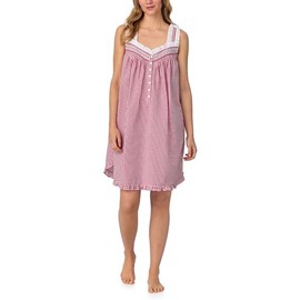 Lanz of Salzburg Women's 100% Cotton Woven Lawn & Seersucker 36" Sleeveless Chemise, Ruffle Hem, Pintuck Neckline & Buttons, Red Gingham, X-Small