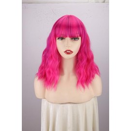 WERD Hot Pink Wig for Women Short Bob Wavy Pink Wigs with Bangs Heat Resistant Synthetic Wigs 14 Inches for Cosplay Costume Party