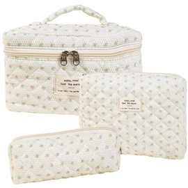 Dkieuyu 3 Pcs Cotton Quilted Makeup Bag Set,Floral Makeup Bag,Cute Makeup Bag,Travel Makeup Bag,Large Toiletry Cosmetic Bag Makeup Bag Organizer for Women Girls (G)