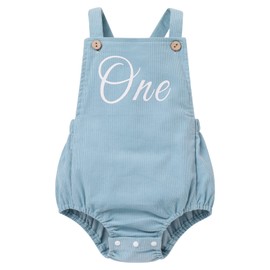FYMNSI Baby Girls Boys 1st Birthday Outfit Corduroy Romper Button Straps Backless Bodysuit Bib Jumpsuit Playsuit, blue