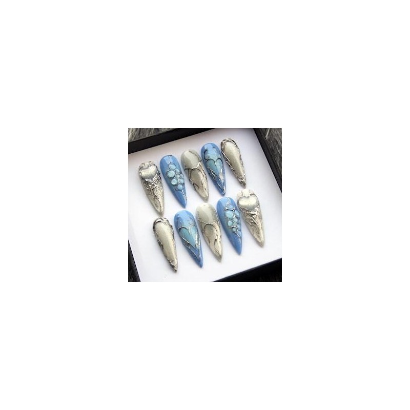 Blue Chrome Press Ons Y2K Metal Silver Abstract 3D Nails