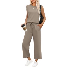 SAMPEEL 2 Piece Set for Women Summer Outfits 2025 Vacation Travel Lounge Sets Business Casual Airpot Matching Clothing Going Out Sweat Set Coffee XL