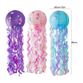 ZYOOO 3pcs Jellyfish Paper Lanterns,12in/30cm Round Hanging Lanterns for Mermaid Party,Birthday Party,Home Decoration for Kids,Girls,Ocean Lovers(Purple,Blue,Pink)