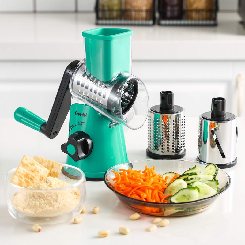 Geedel Rotary Cheese Grater with 3 Interchangeable Blades, Kitchen Mandoline