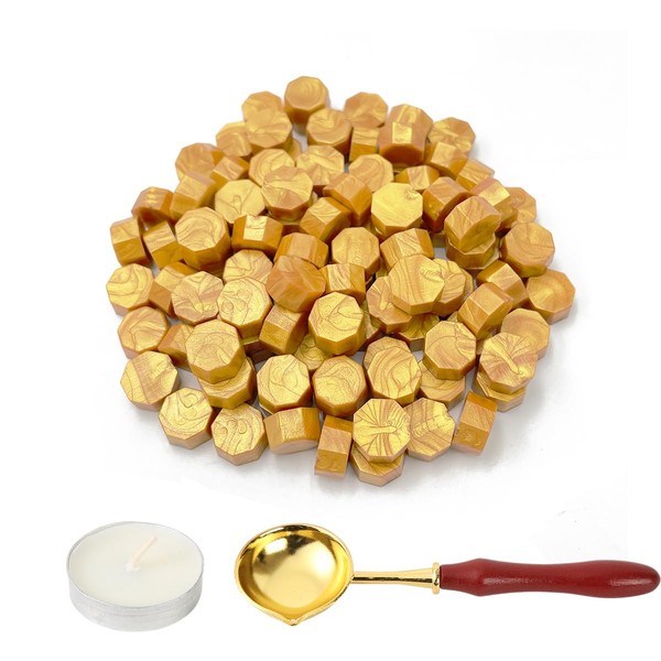 LICQIC Sealing Wax Beads Set, 100 Pcs Wax Seal Beads with 1 Pcs Tea Candles and 1 Pcs Wax Melting Spoon for Wax Stamp Sealing, Gold