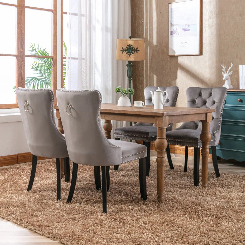 Modern Grey Velvet Tufted Solid Wood Set of 2 Dining