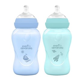 Evenflo Advanced Biberones Anticólicos Cuello Ancho, Azul y Teal, Flujo Medio, 270ml, Silicón Libre de BPA, Sistema Doble Válvula, 2 Piezas