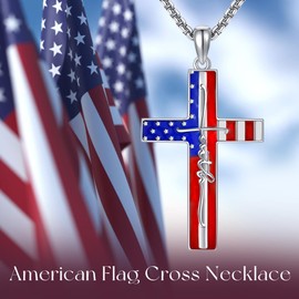 ONEFINITY American Flag Cross Necklace 925 Sterling Silver Faith Pendant Necklace USA Patriotic Christian Religious Jewelry Gifts for Women Men, Sterling Silver, No Gemstone