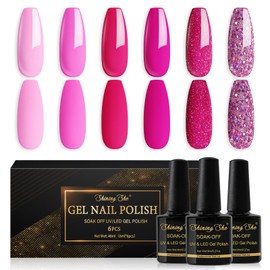 Shining She Smalto Semipermanente Unghie 6 Colori Rosso, Rosa Chiaro Rosa Brillante Glitter Soak-Off UV, per Novizia Nail Art DIY, 8ml