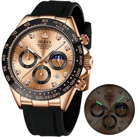 OLEVS Men's Watch Business Luxury Diamond Moon Phase Male Watch Chronograph Fashion Dress Waterproof Date Analogue Waterproof Men's Watch, 2875: rose gold dial, Strap.