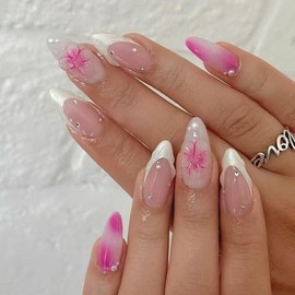 MouyouGlow Press on Nails Short, Almond Nude Pink White French 3D Flowers Floral Design Crystal Pearl Y2K Fake Nails with Nail Glue, White Tips Flowers Rhinestone Summer INS Artificial Fingernails