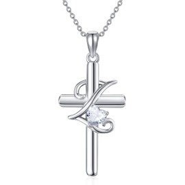 PROESS Initial Cross Necklace 925 Sterling Silver A-Z with Letters Necklace Initial Cross Pendant Chain Initial Jewellery Gifts for Women and Girls, Sterling Silver