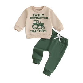 M9ppzzur7 Baby Boys 2Pcs Outfits Sets Letter Print Loose Fit Long Sleeve Tractor Sweatshirt with Sweatsuit Pants Fall Winter Clothes (Khaki, 3-4 Years)