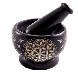 NKlaus Mortar Flower of Life Gold made of soapstone Ø 9cm black with pestle Mortarium 0,8kg heavy Grating Bowl Spice Herbs Incense 1371