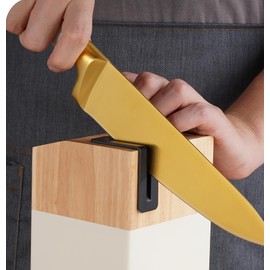 7Pcs Gold White Kitchen Knife Set with Acacia Wooden Block Gifts for Women