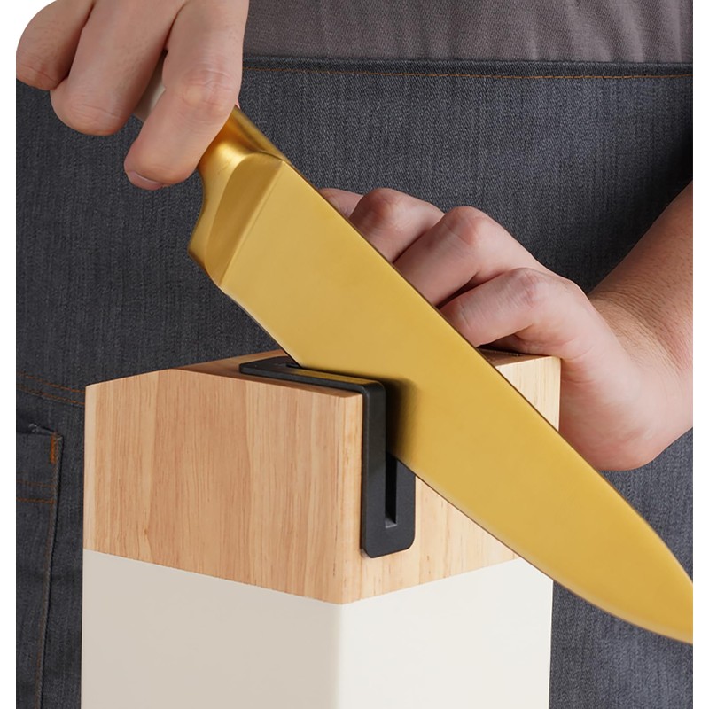 7Pcs Gold White Kitchen Knife Set with Acacia Wooden Block