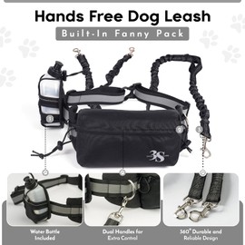 Hands Free Double Dog Leash for Two Dogs Small and Large w/Water Bottle, No Tangle Walking Leash Heavy Duty, No Pull Shock Absorbing Bungee, Reflective Stitches (Small (Fits Waist 24-34), Black)