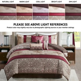 Madison Park Neyson Comforter Faux Silk-Traditional Luxurious Jacquard Design All Season Set, Matching Bed Skirt, Decorative Pillows, and Curtains, Valance, Cal King, Red Medallion 12 Piece