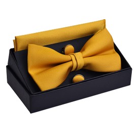 Mens Wedding Yellow Bow Tie Pre-tied Solid Silk Woven Gold Bowtie and Pocket Square Cufflinks Set (0684-14)
