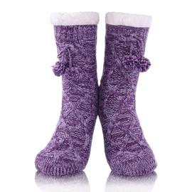FUSACONY Womens Fuzzy Slipper Socks Non Skid Soft Warm Thick Fleece Lined Christmas Stockings Fluffy Winter Home Socks With Cute Pom Pom (Purple)