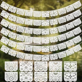 Oudain 8 Pack White Papel Picado (17 Feet Long Per Pack), Plastic White Mexican Banner Cielito Lindo Party Decoration for Fiesta Birthday Mexican Wedding Baby Shower Decoration, 5 Patterns