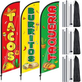 Remagr Remagr 3 Pcs Tacos Burritos Feather Flag 7 ft Mexican Food Swooper Flag Mexican Restaurant Advertising Feather Banner with Flag Pole and Ground Stake for Outside Store Business Markets