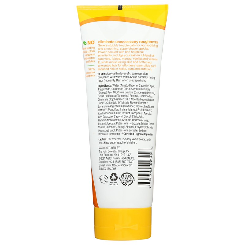 Alba Botanica Very Emollient Cream Shave, Mango Vanilla, 8 Oz