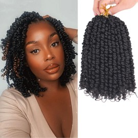 Leeven Pre Twisted Passion Twist Hair 8 Packs 8 Inch Natural Black Pre Looped Crochet Braids Hair Short Bomb Bohemian Braids Synthetic Braiding Hair Extensions for Women #1B