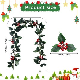 4 Pieces Xmas Green Garland 69inch Artificial Christmas Red Berry Vine Winter Holly Leaves Garland Outdoor for Indoor Outdoor Home Wedding Winter Party Door Frame Backdrop Decor(B)