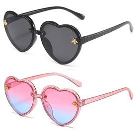 Kids Heart shaped Sunglasses Cute Bee Frame Age 3-10 UV400 Protection Fashion Sunnies for Outdoor Summer black/light pink