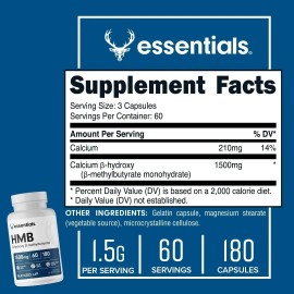 Essentials Hmb Aminoacido (Beta-hidroxi beta-metilbutirato) Premium 1500mg 180 Cpsulas Sin Sabor                                                      