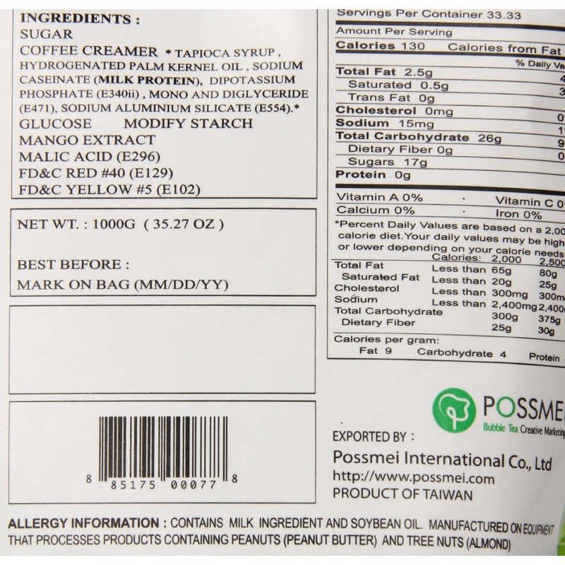 Possmei Bubble Tea Mix Instant Powder, Mango, 35.27 Ounce