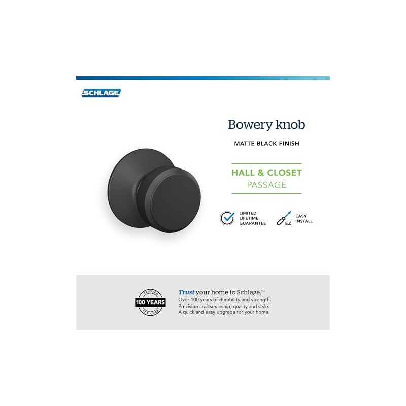 Schlage F10 BWE 622 Bowery Door Knob, Hall & Closet