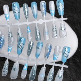 Long Press on Nails Square Fake nails with Butterfly Star Snake Designs Glitter False Nails Blue White French Tip Artificial Acrylic Nails Full Cover Reusable Stick on Nails for Women Manicure 30Pcs